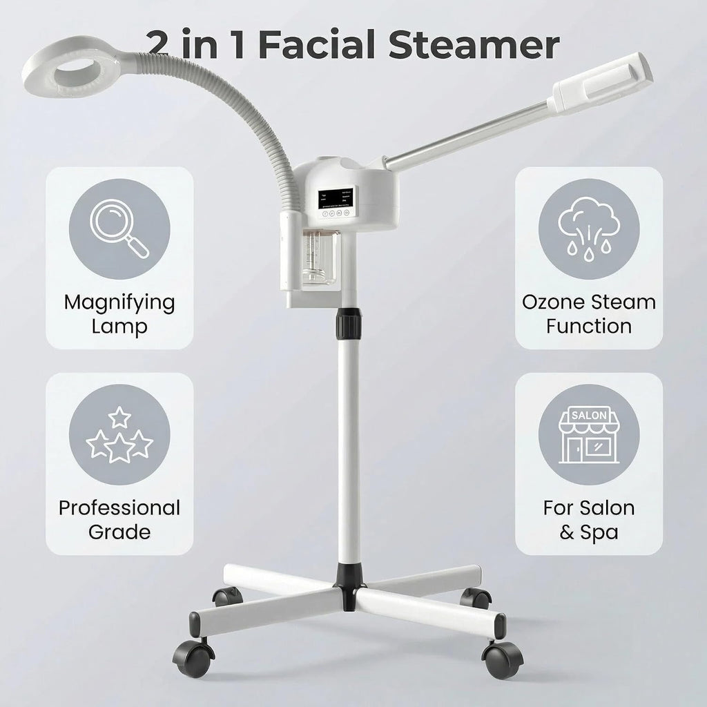 Professional Facial Steamer with Magnifying Lamp for Estheticians. | 2 in 1 Ozone Steamer for Face, White.