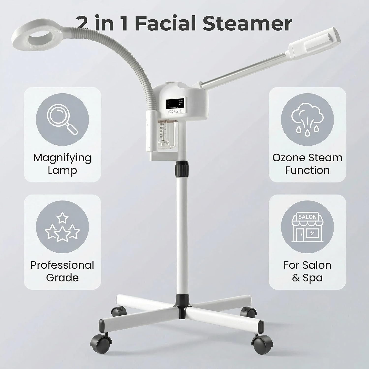 Professional Facial Steamer with Magnifying Lamp for Estheticians. | 2 in 1 Ozone Steamer for Face, White.