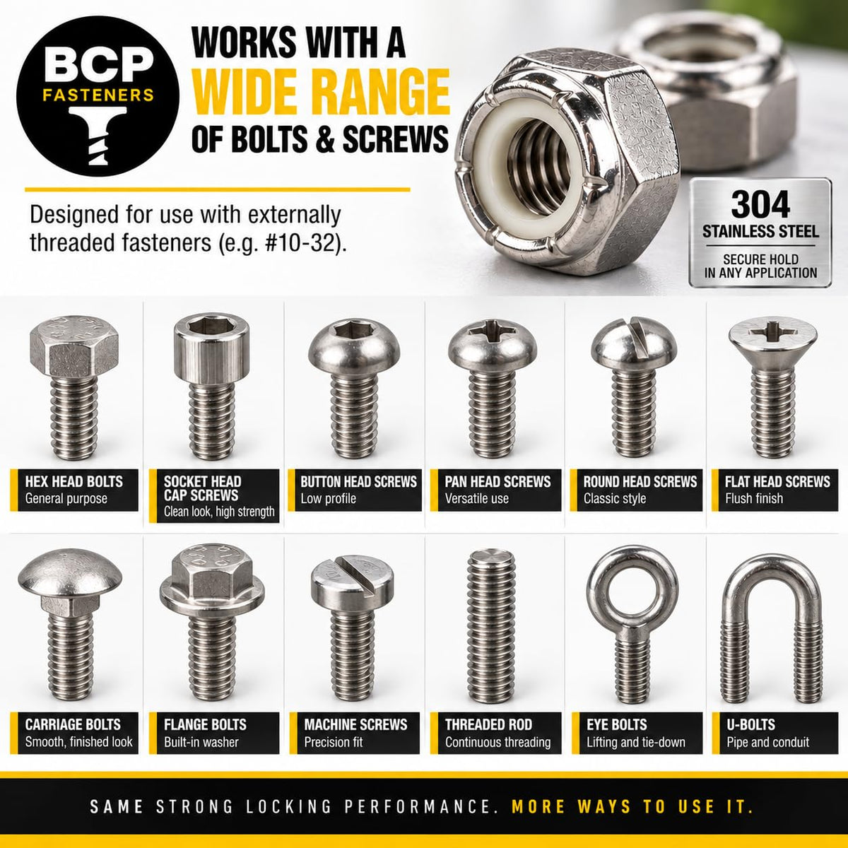 BCP Fasteners #10-32 Stainless Steel Nylon Insert Hex Lock Nuts, 50 Pack