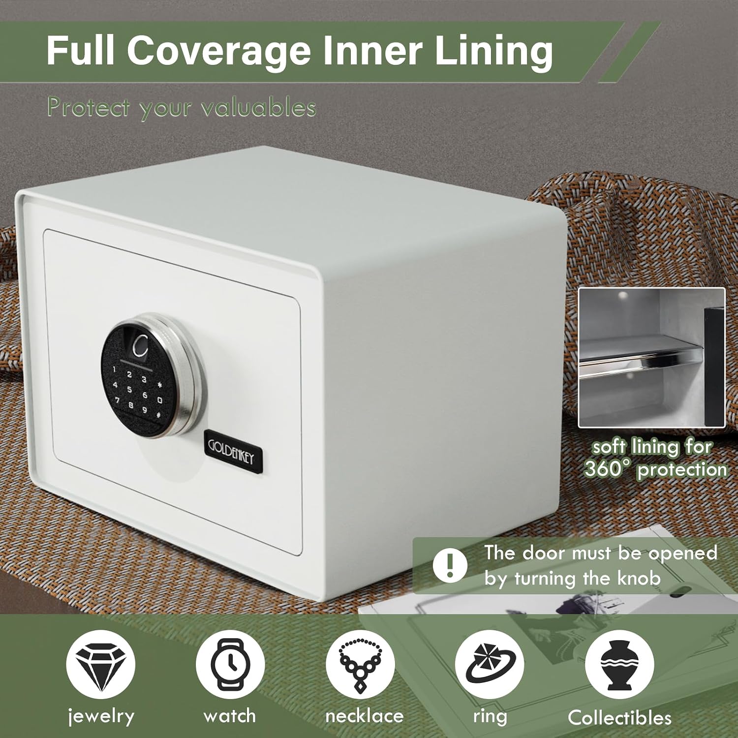 Luxury Jewelry Safe with Fingerprint&Keypad Lock, Document Safe Box with Soft Velvet Lining, Removable Shelf, High