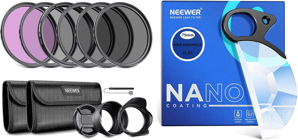 77mm ND Lens Filter Kit (UV, CPL, FLD, ND2, ND4, ND8, Lens Hood, Lens Cap) and 79mm Handheld Half Moon Kaleidoscope