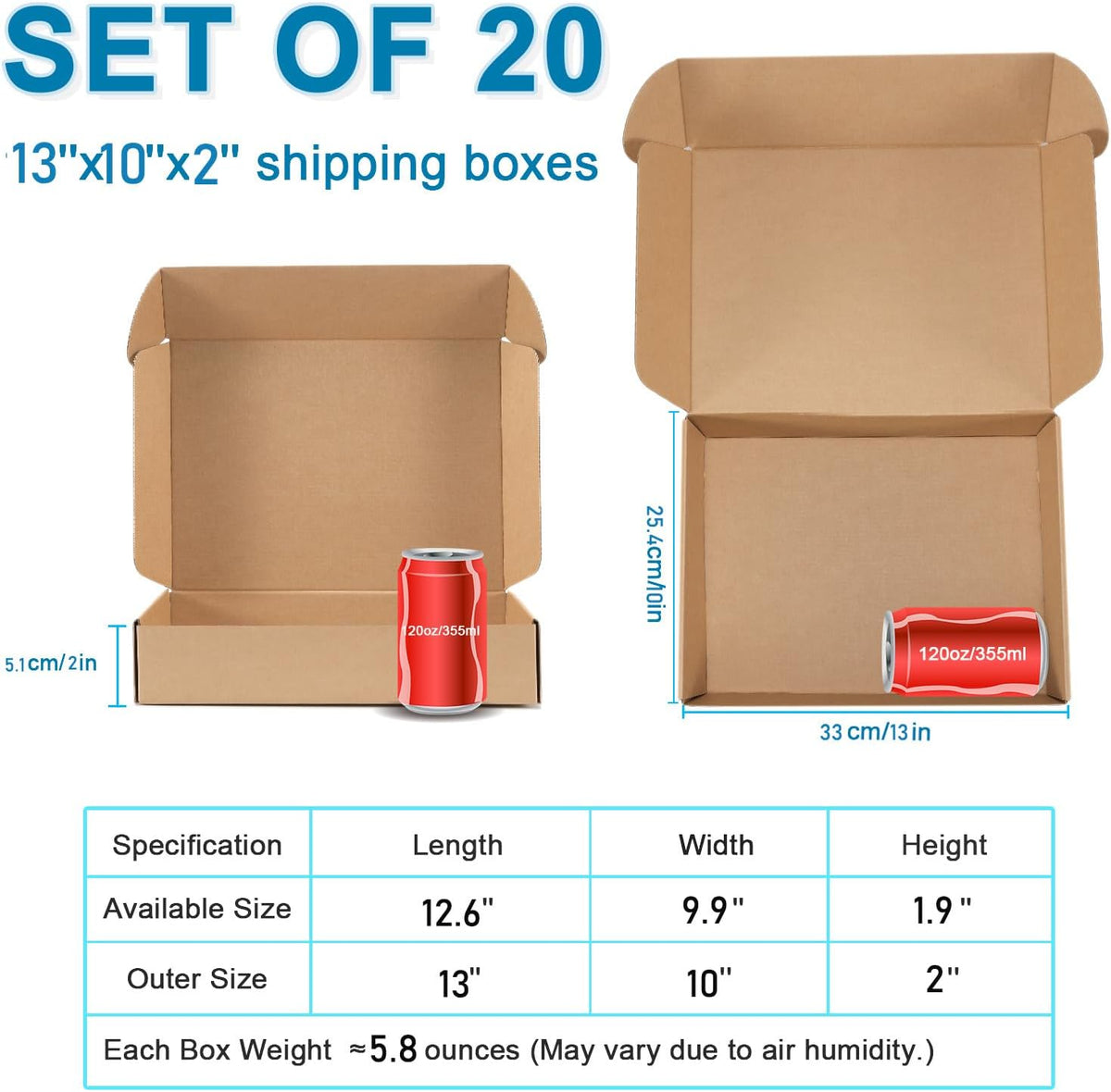 Kraft Brown Shipping Boxes 13x10x2 Inches, 20 Pack