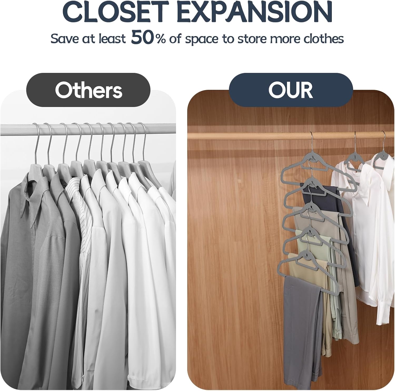 Velvet Stackable Hangers 50 Pack Space Saving Cascading Hook Gray | Ultra Thin, Non Slip Felt, Heavy Duty With 360°