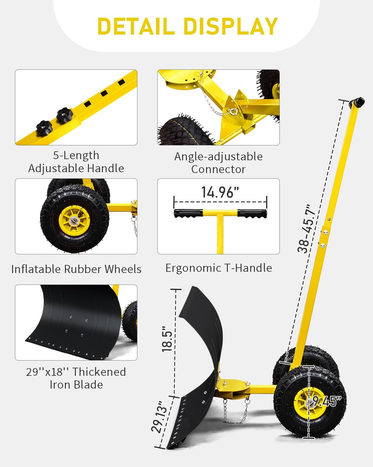Snow Shovel with Wheels, 29" Wide 18" Long Snow Plow Shovel Angle & Height Adjustable Padded Handle Efficient Snow