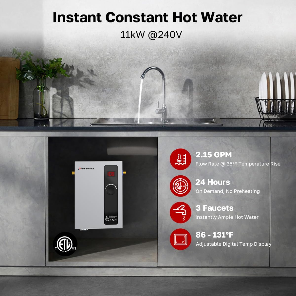 Tankless Water Heater Electric, 11kW 240 Volt On Demand Instant Hot Water Heater for Point of Use, Self-Modulating