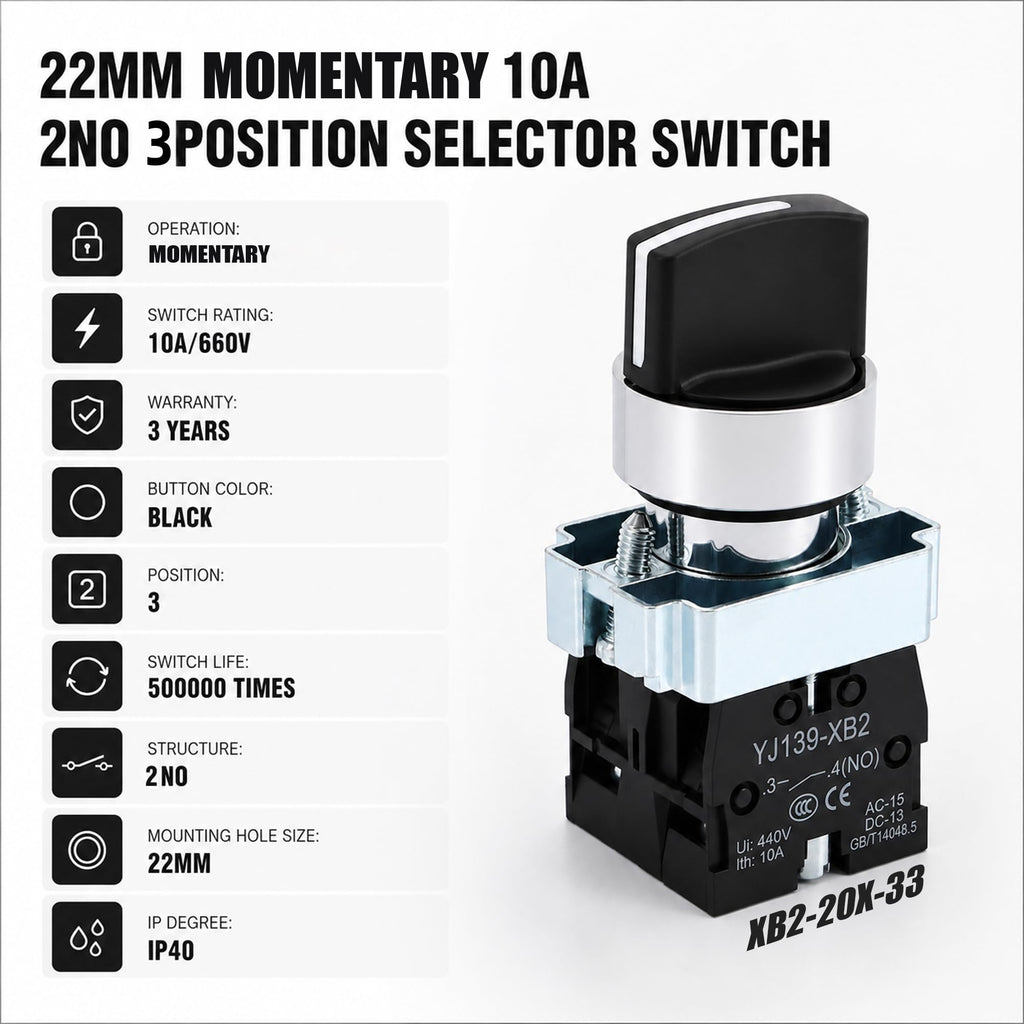 STARELO 22mm 3-Position Momentary Selector Switch 2NO 440V 2PCS