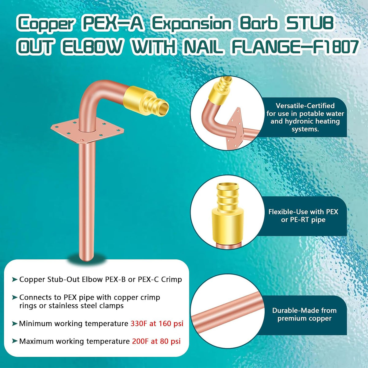1/2" Lead-Free Copper Stub Out Elbow, 6", Wall Flange, 5-Pack