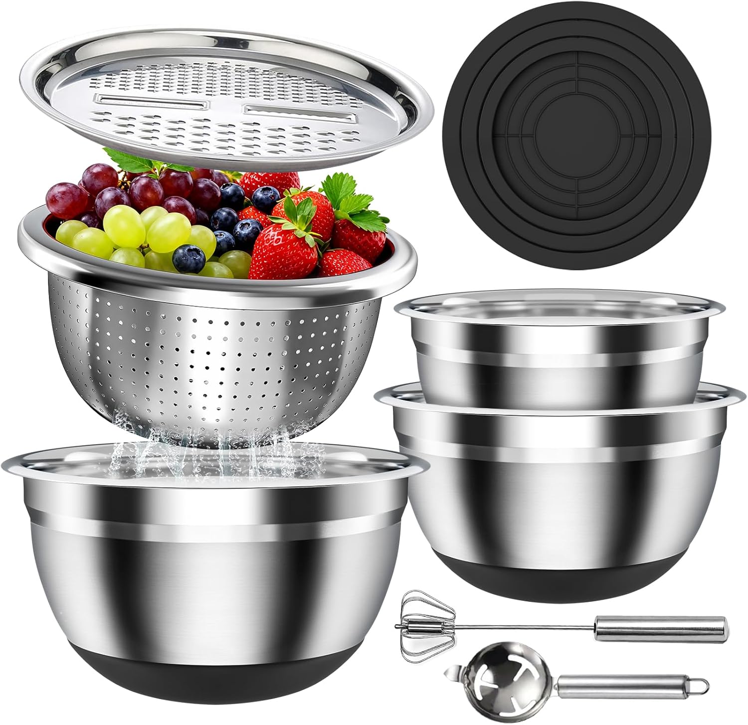 Stainless Steel Mixing Bowls Set with Lids & Silicone Base - 7-Piece Kitchen Gadgets Includes Colander, Grater, Egg