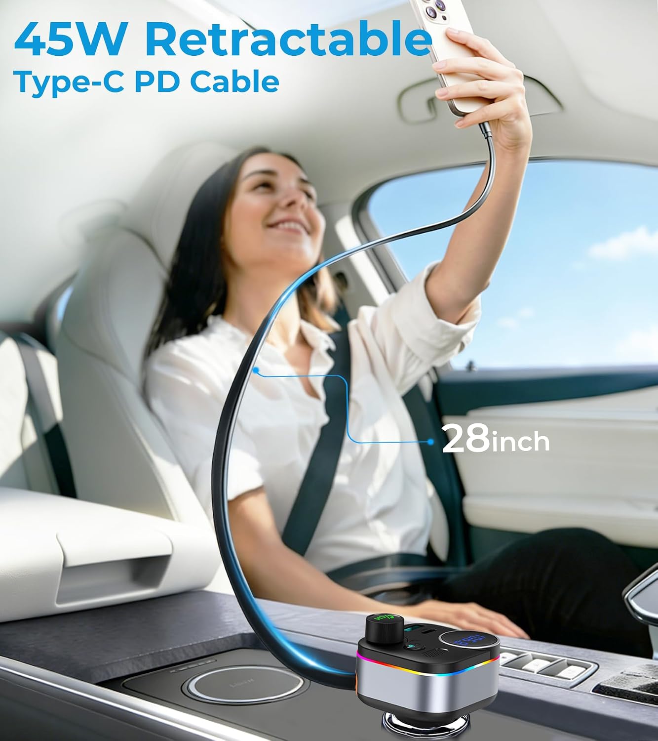 Bluetooth 5.4 FM Transmitter, 72W Car Charger with 45W Retractable USB-C PD | Built-in Cable, Hands-Free Calling