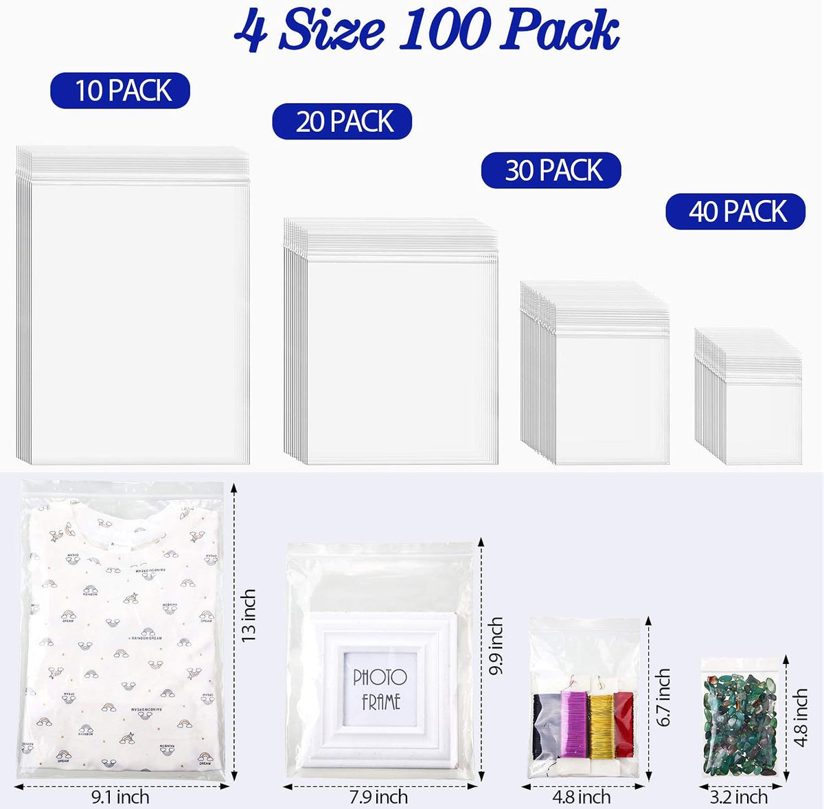 100 Pcs Clear Reclosable Zipper Storage Bags Resealable Poly Bag, S