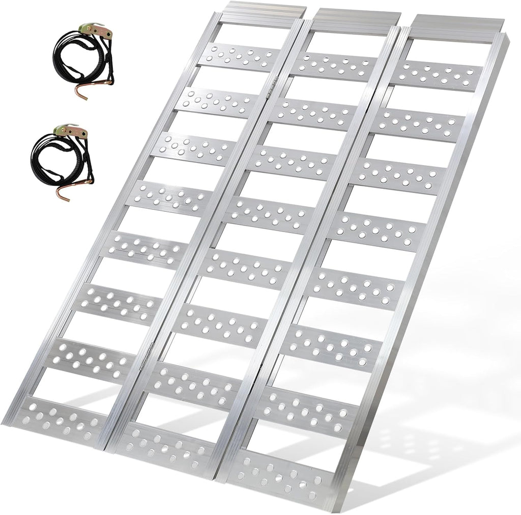 Aluminum Tri-Fold Ramp with Treads, 1600 lbs Capacity/535lbs per Section, ATV Ramp with Load Straps for Motorcycles