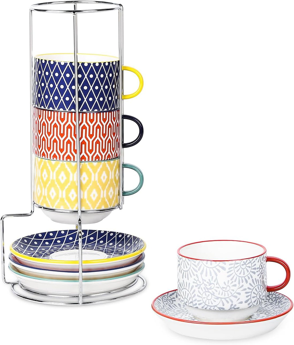 Ceramic Cappuccino Cups with Saucers and Metal Stand, 8 OZ Stackable Espresso Coffee Cups for Coffee, Latte
