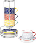 Ceramic Cappuccino Cups with Saucers and Metal Stand, 8 OZ Stackable Espresso Coffee Cups for Coffee, Latte