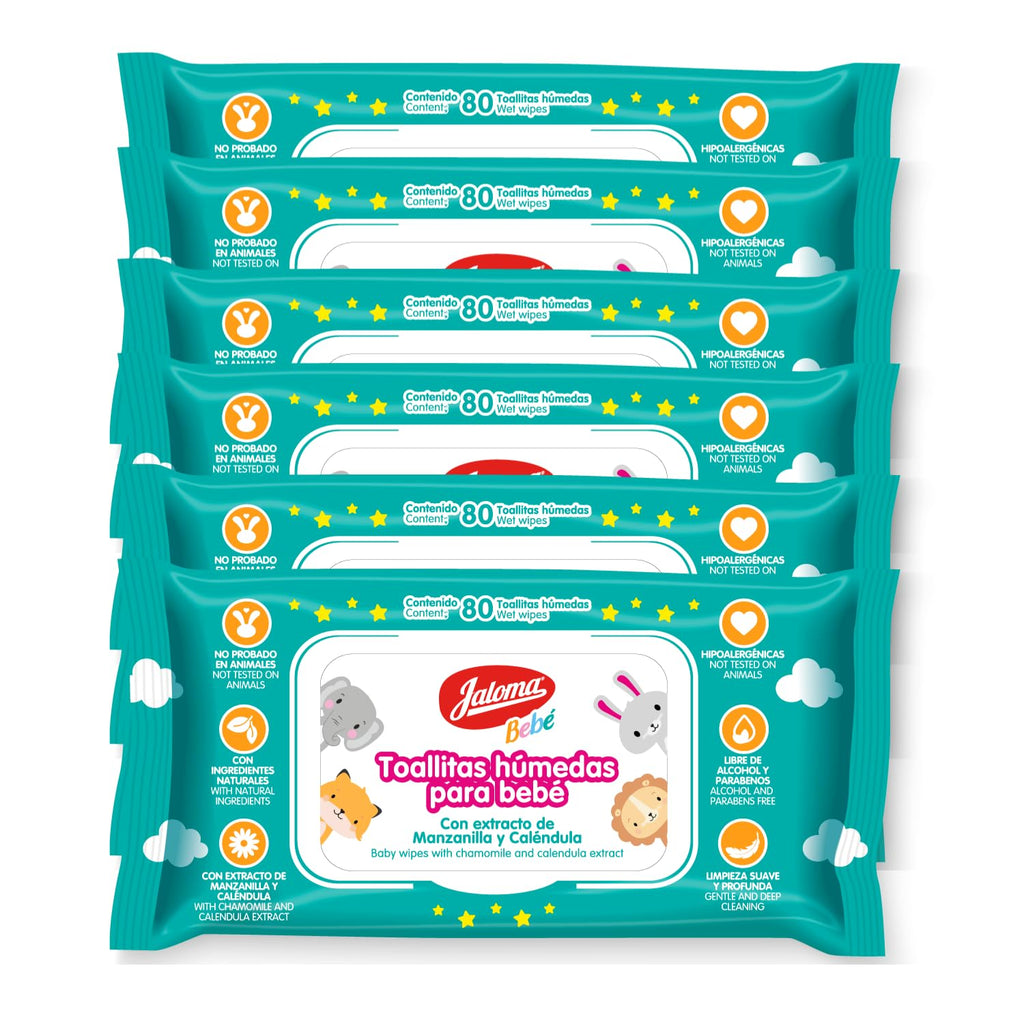Baby Wipes, Pack of 6, 80 Wipes Each (480 Count) | Chamomile and Calendula Extract, Hypoallergenic, Paraben Free