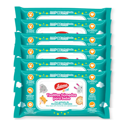 Baby Wipes, Pack of 6, 80 Wipes Each (480 Count) | Chamomile and Calendula Extract, Hypoallergenic, Paraben Free