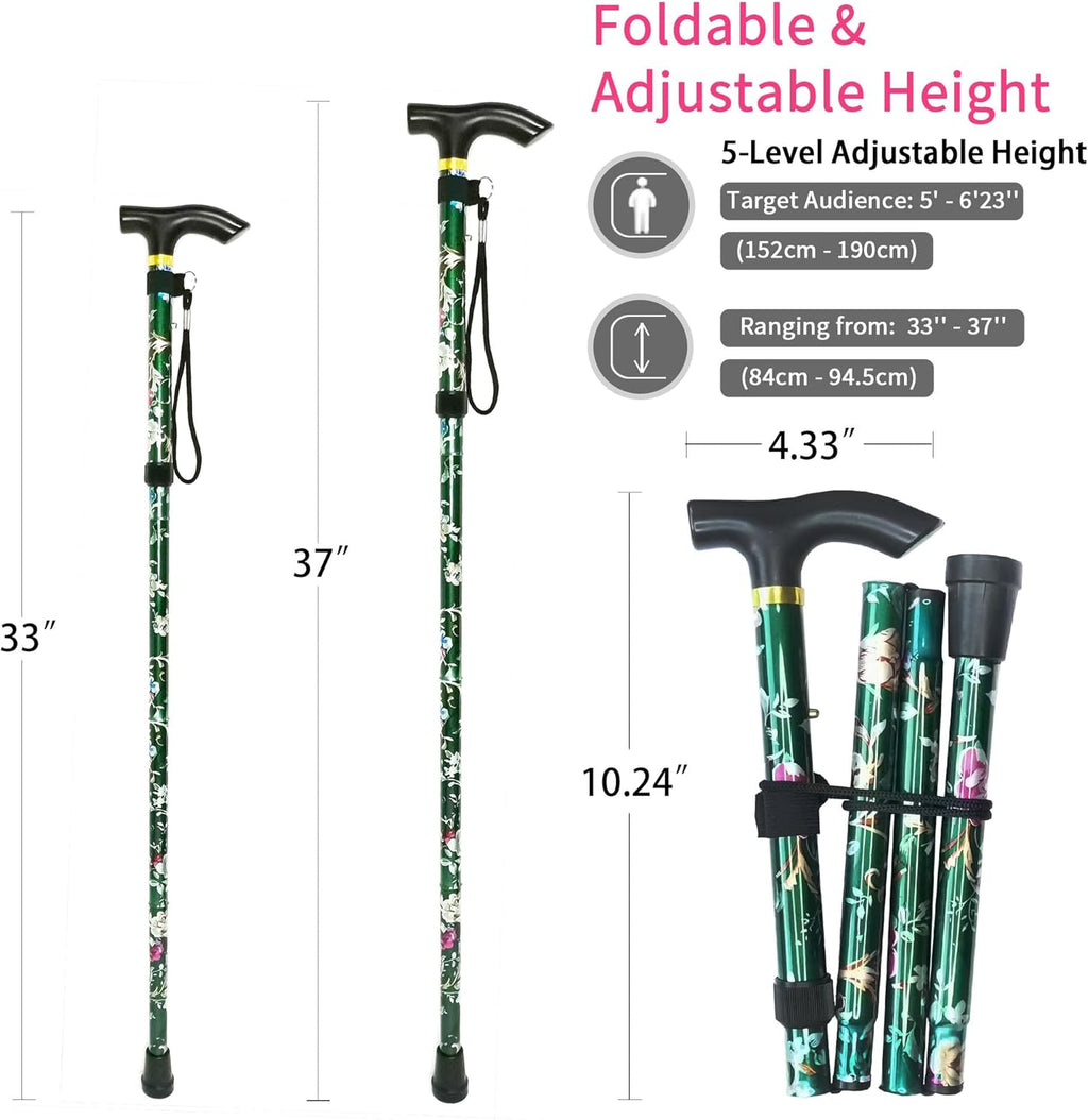 Folding Cane, 5-Level Adjustable Height Lightweight Portable Foldable Walking Canes with Wrist Strap and T Handle for