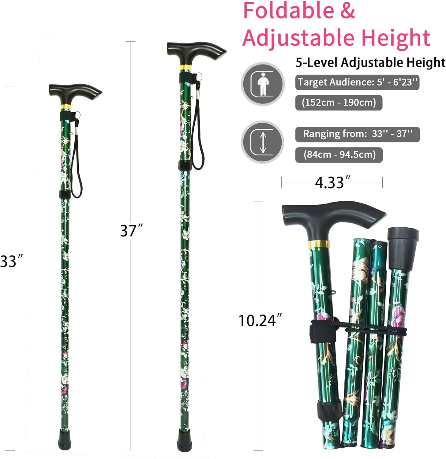 Folding Cane, 5-Level Adjustable Height Lightweight Portable Foldable Walking Canes with Wrist Strap and T Handle for