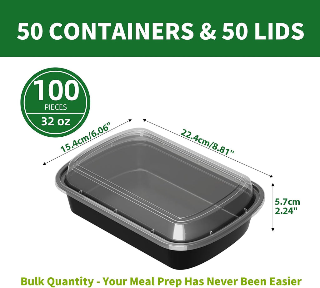 32oz Meal Prep Containers, 50 Pack Disposable Food Storage Boxes with Lids