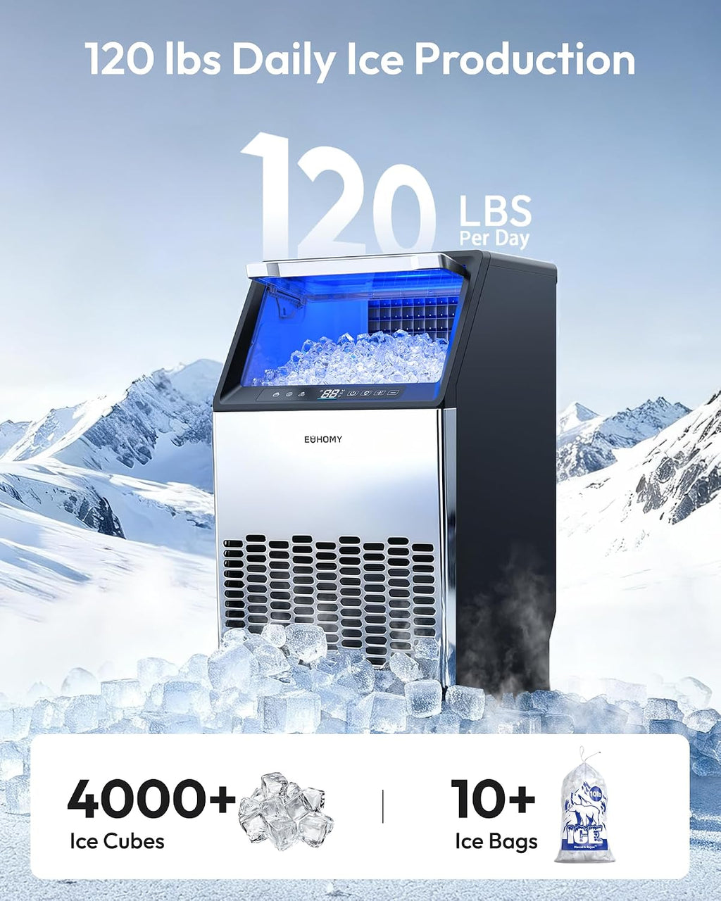 Commercial Ice Maker, 120lbs/24H, 33lbs Bin, Mirror-Polished Steel