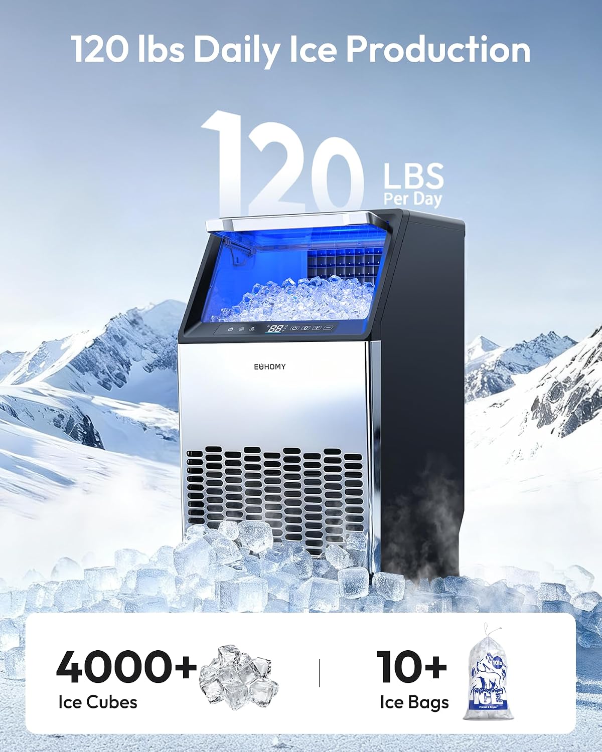Commercial Ice Maker, 120lbs/24H, 33lbs Bin, Mirror-Polished Steel