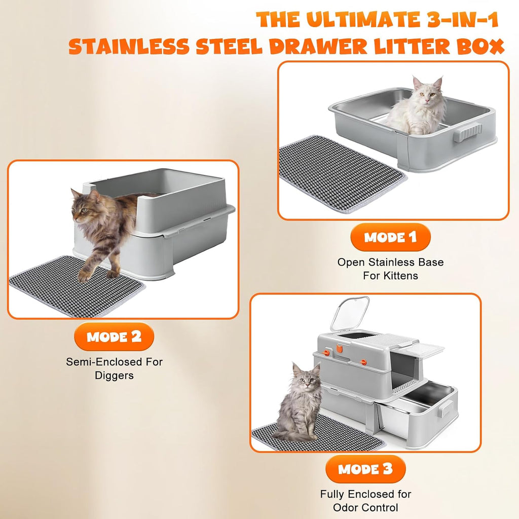 Enclosed Stainless Steel Cat Litter Box with Drawer, XL Large Metal Cat Box with Lid for Indoor Cats, Metal Covered