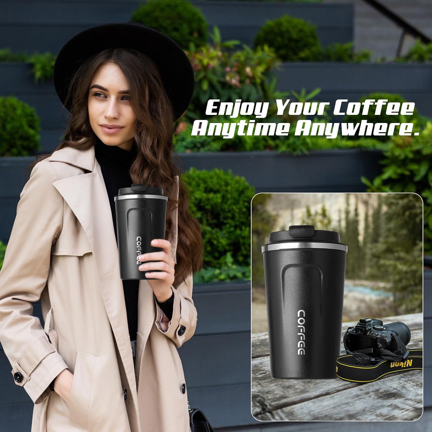 Travel coffee mugs leak-proof, reusable coffee cups with lids, stainless steel vacuum insulated coffee tumblers