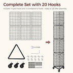 Triangular Gridwall Panel with Wheels, 3-Sided Display Stand for Vendor Events with 20 Hooks, Rolling Grid Wall Stand