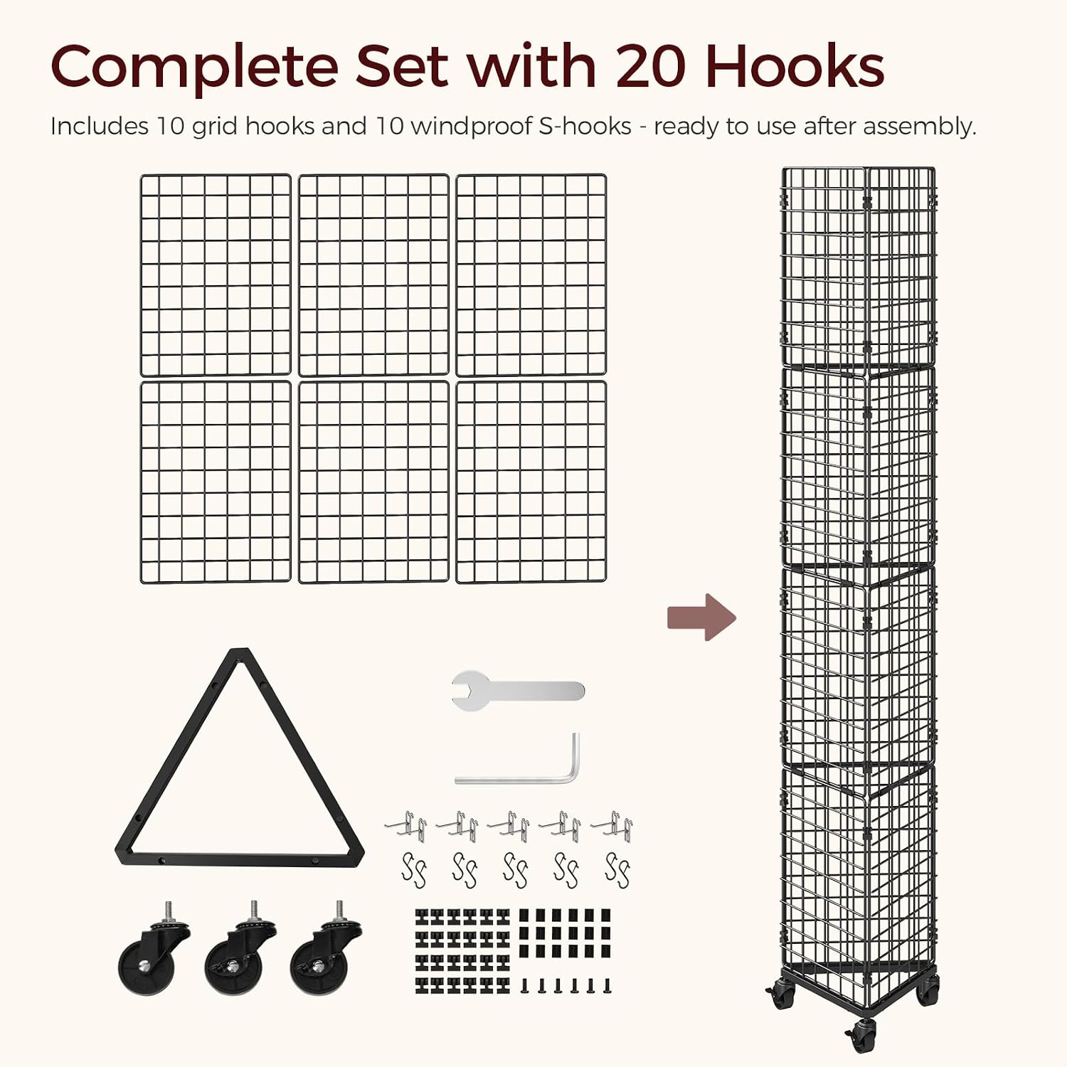 Triangular Gridwall Panel with Wheels, 3-Sided Display Stand for Vendor Events with 20 Hooks, Rolling Grid Wall Stand