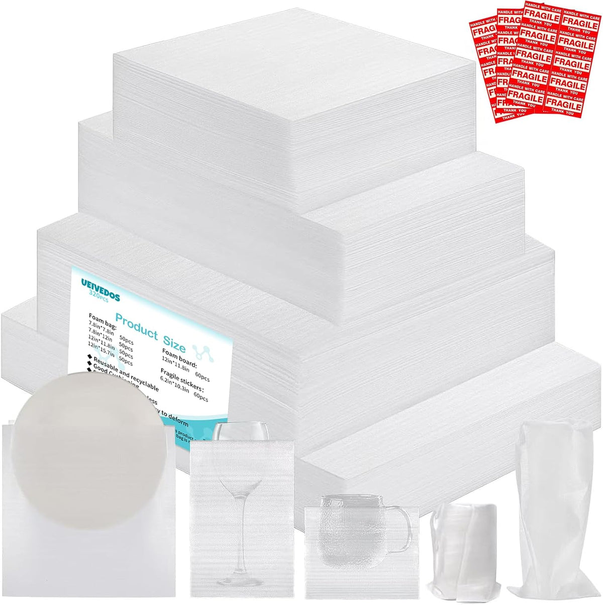 Thickened Packaging Foam Pouches and Sheets in 4 Sizes, 320 PCS with 60 Fragile Stickers, Dish Packing Supplies for