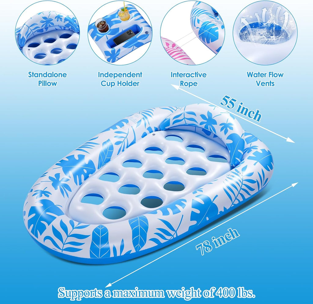 Giant Inflatable Pool Floats,78 x 55 Inches Pool Float Adult Mat with Headrest & Cup Holder Lake Float Raft Water