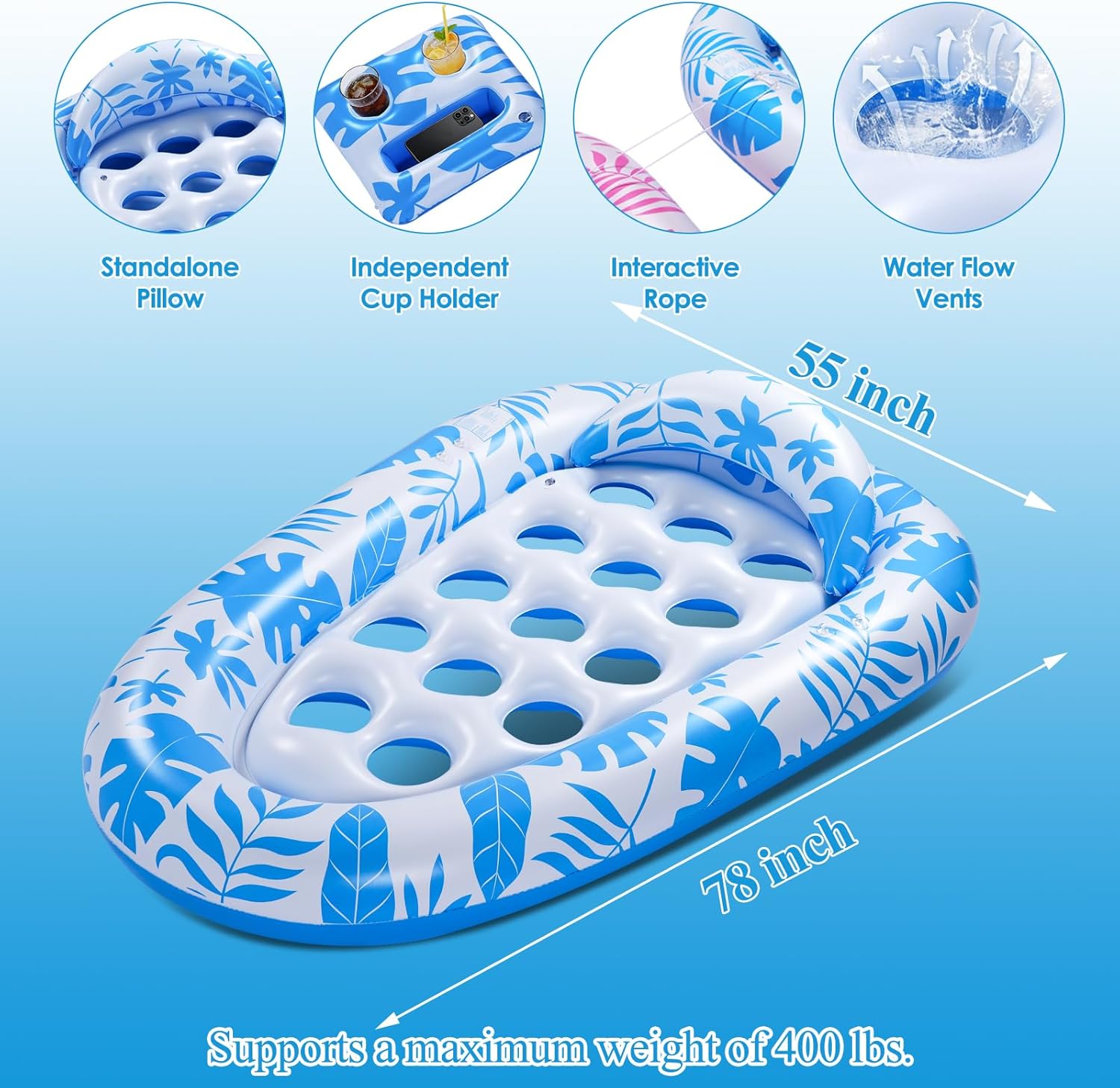 Giant Inflatable Pool Floats,78 x 55 Inches Pool Float Adult Mat with Headrest & Cup Holder Lake Float Raft Water