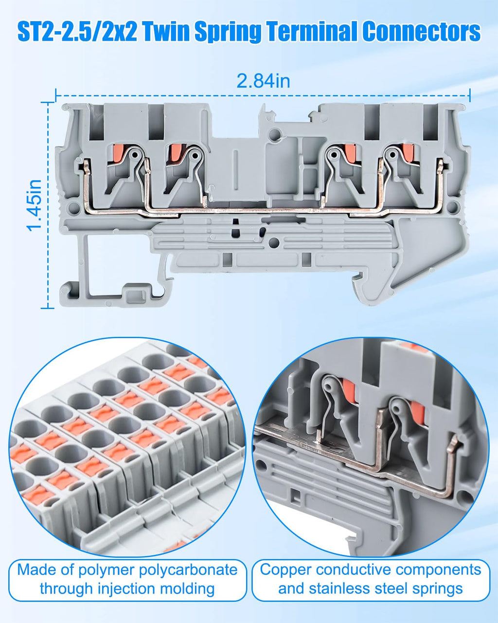 ST2-2.5 DIN Rail Terminal Block, Push in Twin Spring Screwless Connector