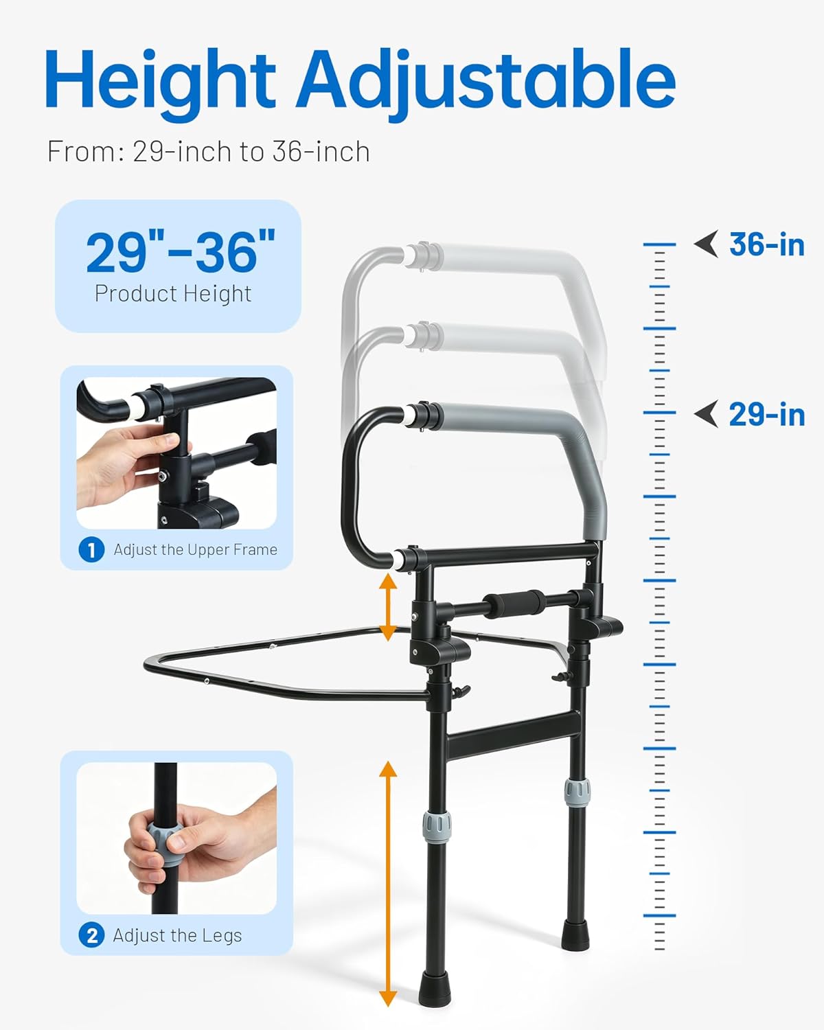 Safety Bed Rail for Elderly Adults - Foldable Bed Assist Rail with Adjustable Height & Storage Pocket, Bedside