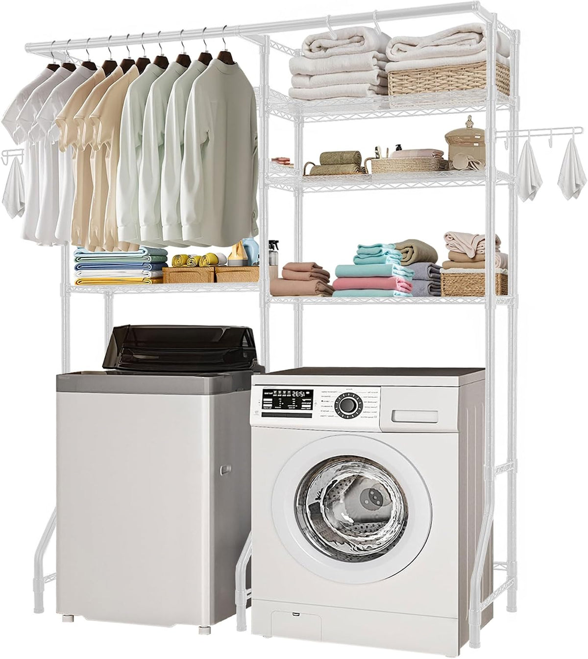 Over the Washer and Dryer Storage Shelf, 6 Tier Laundry Room Drying Rack with Hanger Rod and Hooks, Adjustable Over