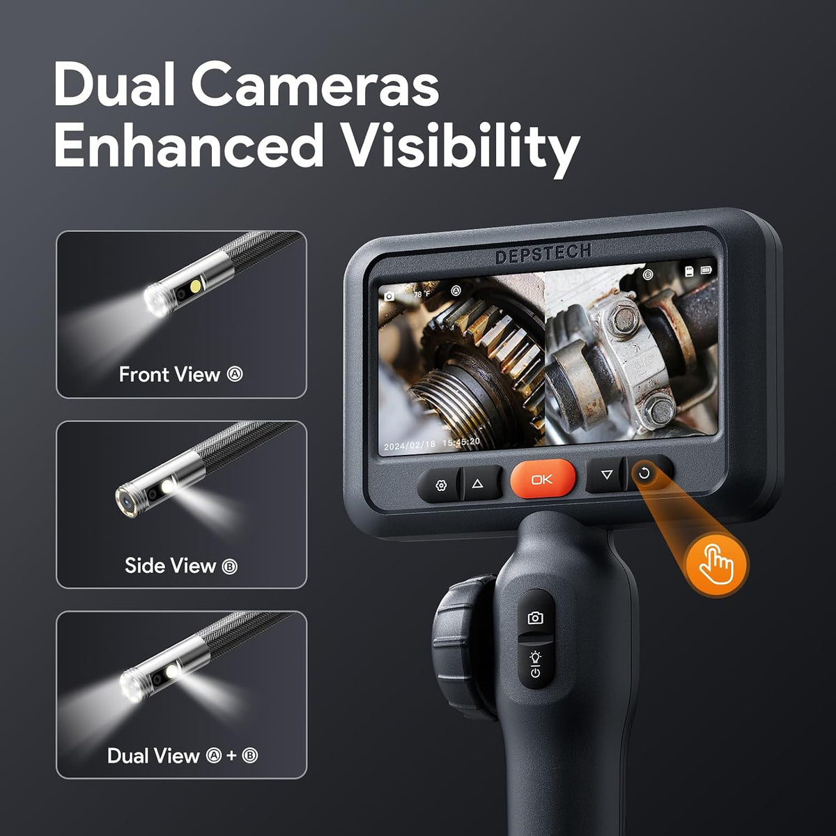DEPSTECH 10FT Articulating Borescope, Dual Lens Endoscope Camera with Light