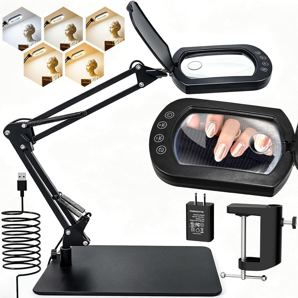 10X 30X Square Magnifying Glass with Light and Stand for Reading, Crafts | LED Magnifier Lamp with Clamp, Real Glass
