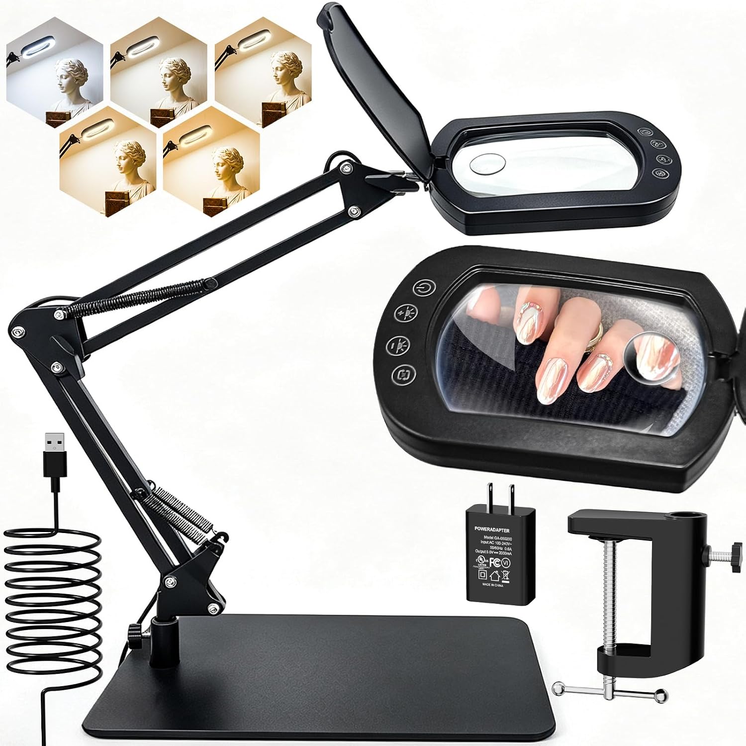 10X 30X Square Magnifying Glass with Light and Stand for Reading, Crafts | LED Magnifier Lamp with Clamp, Real Glass