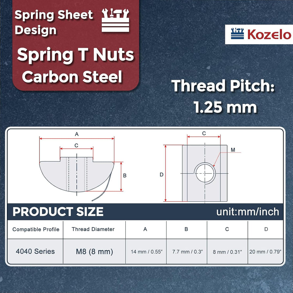 30Pcs Roll in Spring t Nuts M8-1.25 4040 Series t Nuts Silver