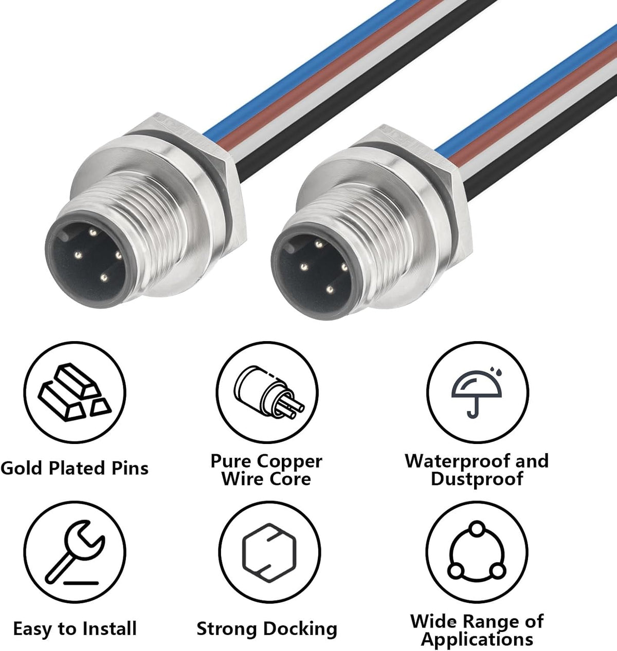 2PCS M12 4Pin A Coded Male Connector Cable 0.7FT