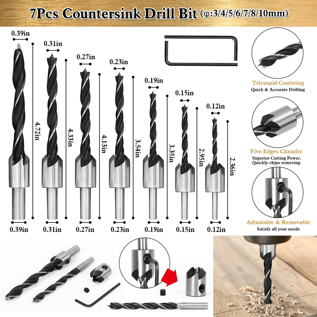 LAMPTOP 47 Pcs Woodworking Tools and Accessories Countersink Drill Bit Set