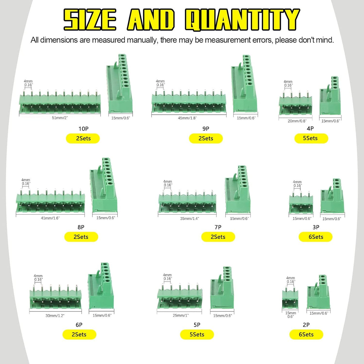 32Pcs 9 Type Pluggable Terminal Blocks Connector Socket, 5mm/0.2inch Pitch PCB Mount Screw Male Female Connectors(2/3/4/5/6/7/8/9 Pins)