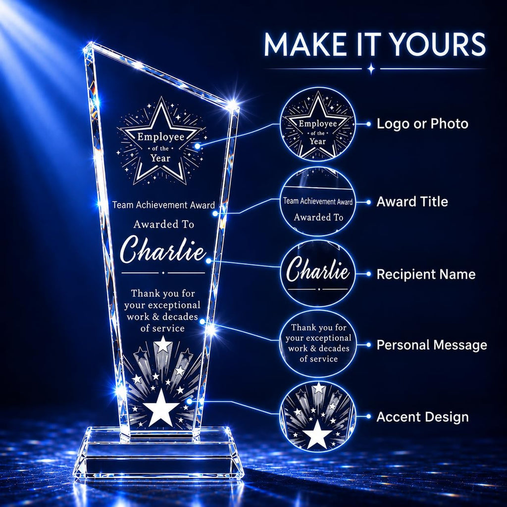 Customizable Crystal Award Trophy with Company Logo Text & Employee Name