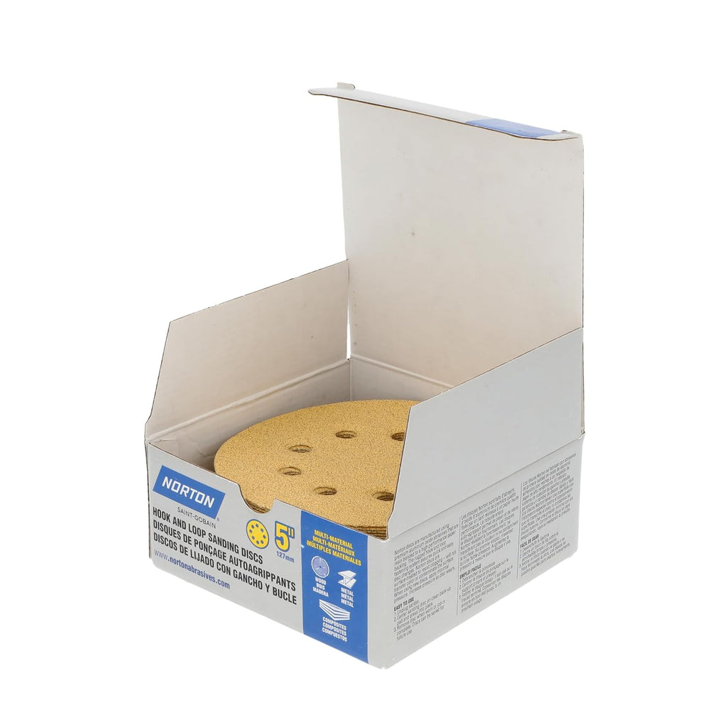 Norton 5 Inch 8-Hole Hook & Loop Sanding Discs, 50-Pack Assorted Grits (60, 80, 120, 220, 320), for Multi-Surfaces. Wood, Metal, Composites, Painted Panels