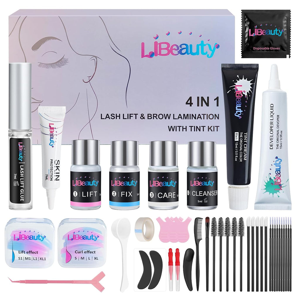 Lash Lift and Color Kit Black, 4-in-1 Eyelash Perm and Brow Lamination Set with 15ml Large Volume Black Cream, DIY