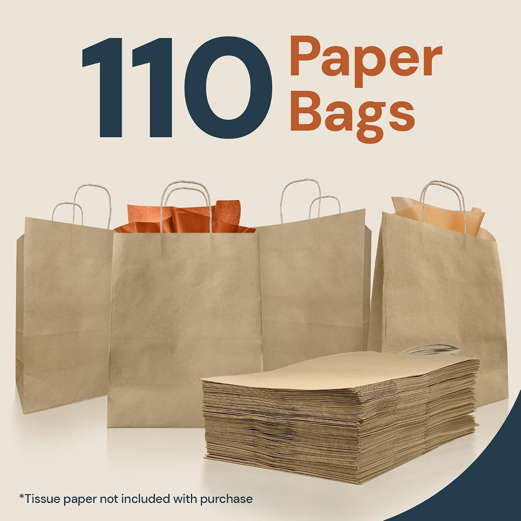10x5x13 in. Brown Paper Bags with Handles | 110 Pack Bulk