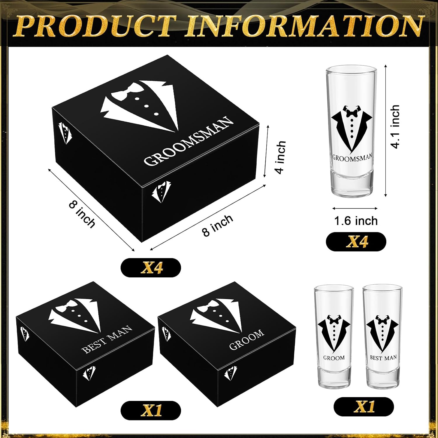 36 Pieces Groomsmen Gifts Set of 6, Groomsmen Proposal Box with Shot Glasses Sunglasses PU Leather Toiletry Bag Wood