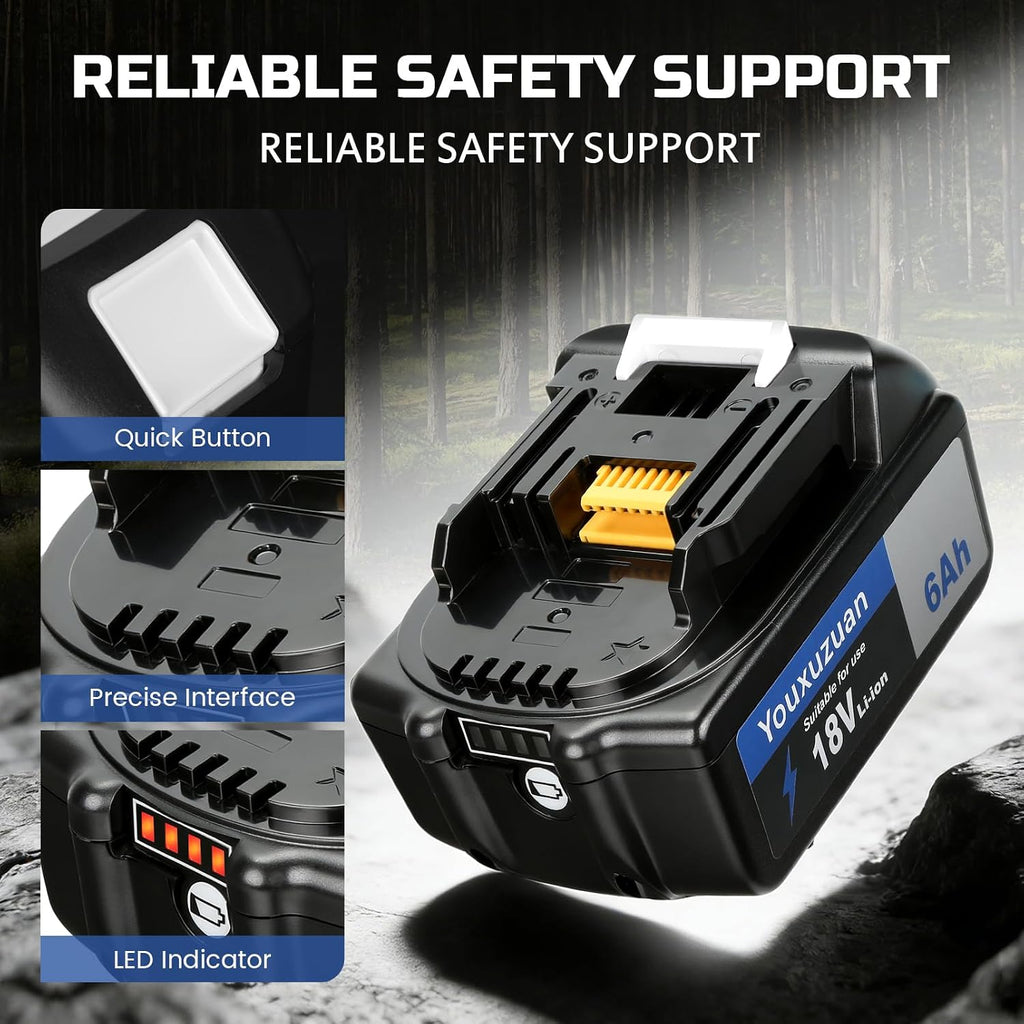 2-Pack 6.0Ah Replacement for Makita 18V Battery BL1860B, (Black)