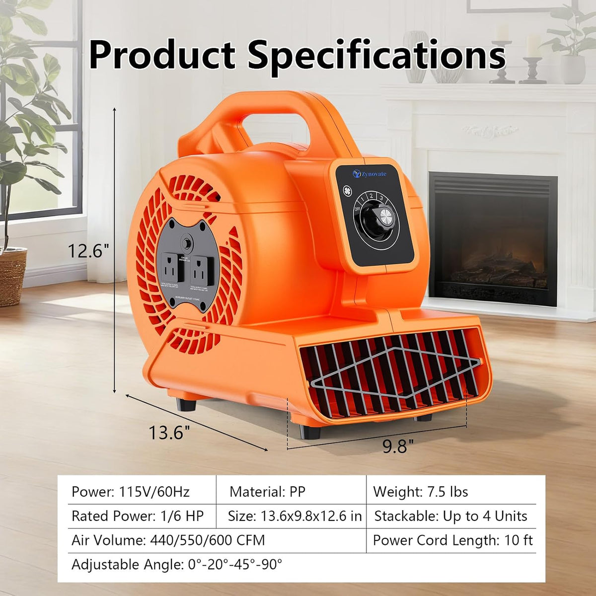 Air Mover 1/6 HP 600 CFM Portable Blower Fan Carpet Dryer, Floor Dryer Fan | 3-Speed, 4 Adjustable Angles, Daisy