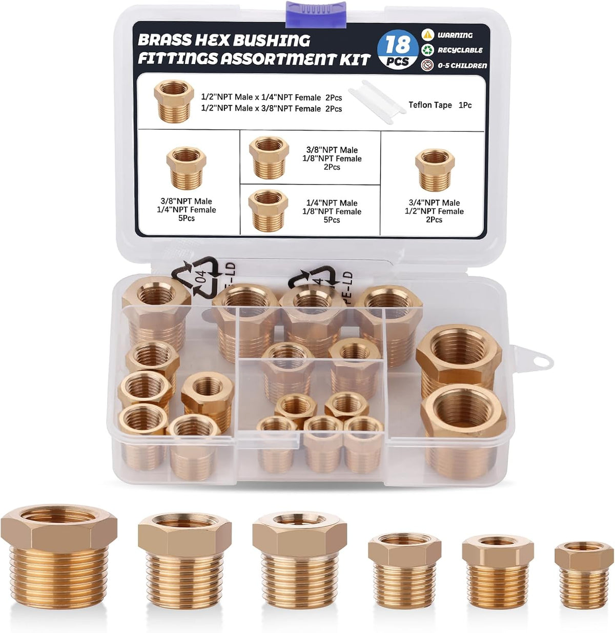 18PCS Brass Hex Reducer Bushing Fitting Kit,NPT Thread