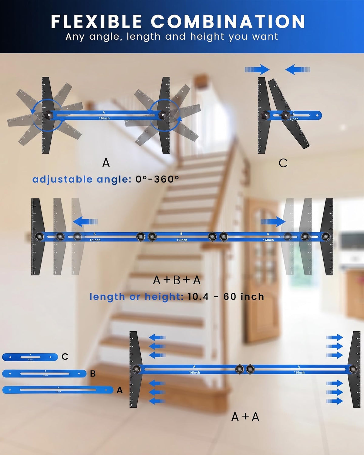 Stair Tread Template Tool, 8" to 60", Adjustable for Measuring (Blue)